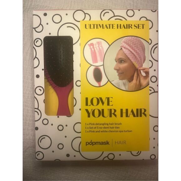 POPMASK LOVE YOUR HAIR ULTIMATE HAIR GIFT SET FOR HER BRUSH TIES SPA TOWEL PINK - Picture 2 of 4